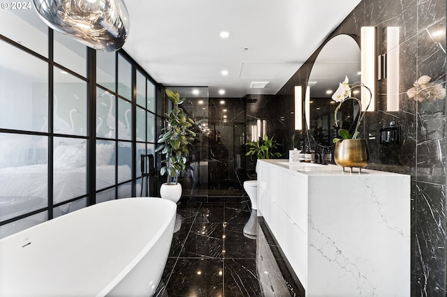 bathroom with vanity, toilet, tile walls, and a tub