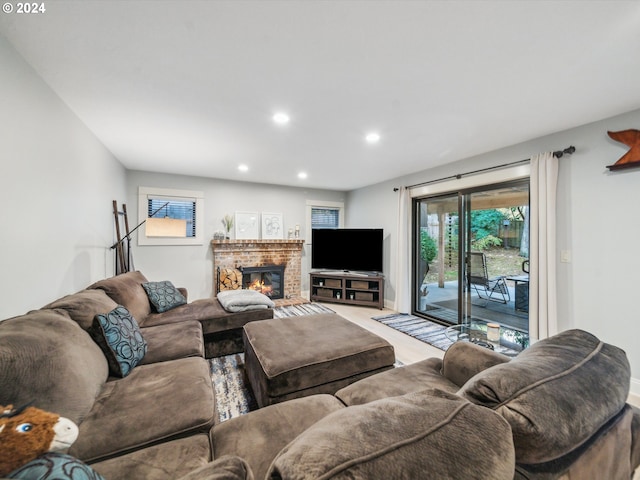 living room with a fireplace