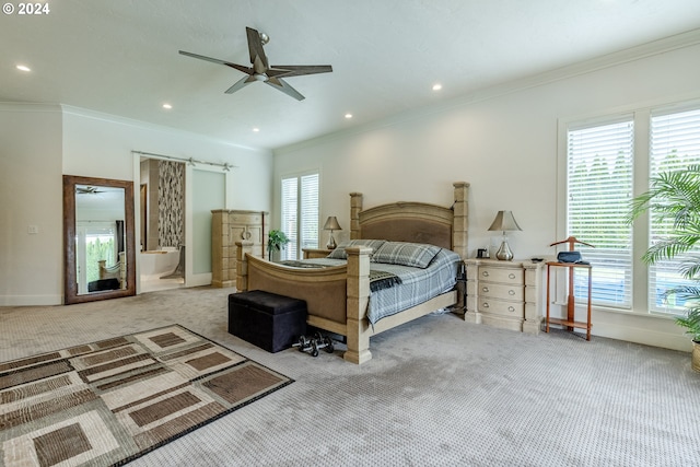 bedroom featuring light carpet, ensuite bathroom, ceiling fan, and crown molding