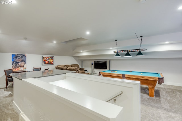 recreation room featuring light colored carpet and billiards