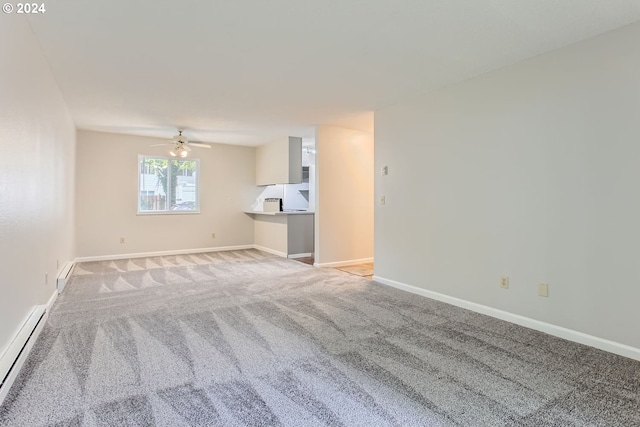 unfurnished living room featuring ceiling fan, a baseboard heating unit, and light colored carpet