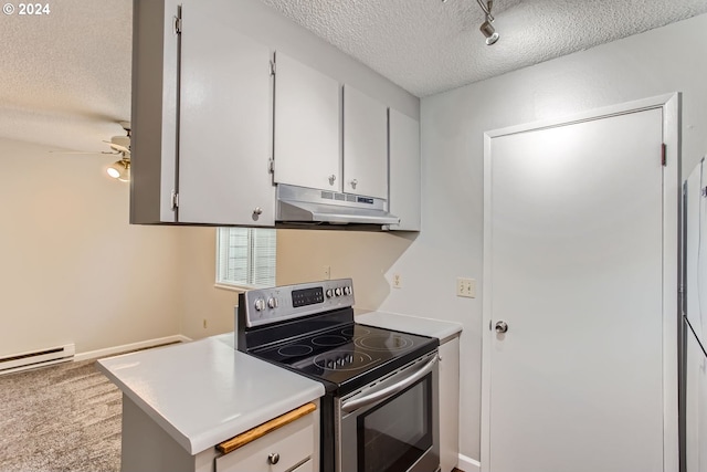 kitchen featuring white cabinets, stainless steel electric range, a textured ceiling, and ceiling fan