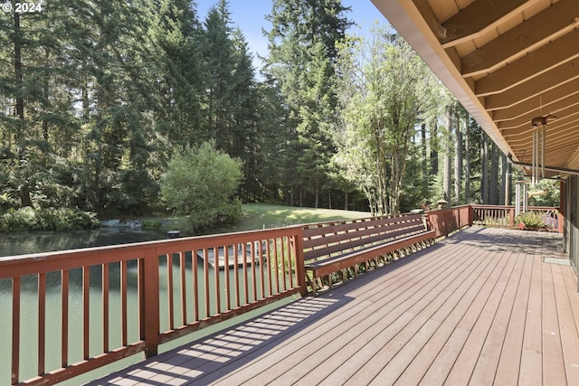 deck featuring a water view