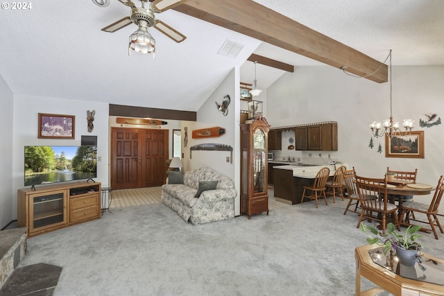 carpeted living room with a textured ceiling, ceiling fan with notable chandelier, beam ceiling, and high vaulted ceiling