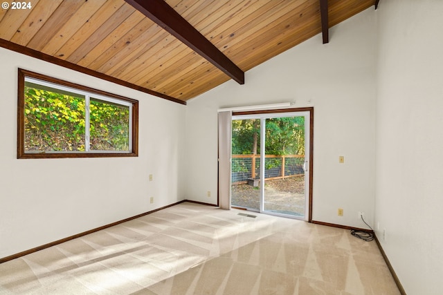 39145 Eagles Rest Rd, Dexter, OR 97431 - unfurnished room featuring light colored carpet, lofted ceiling with beams, a healthy amount of sunlight, and wooden ceiling