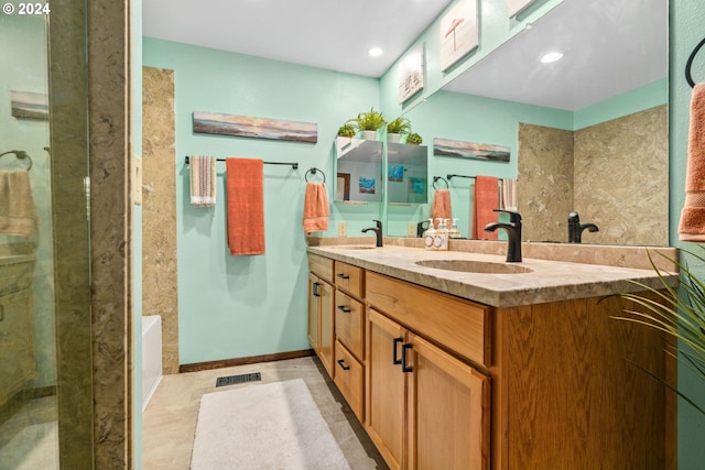 39145 Eagles Rest Rd, Dexter, OR 97431 - full bathroom with double vanity, a sink, a tub to relax in, a shower, and visible vents