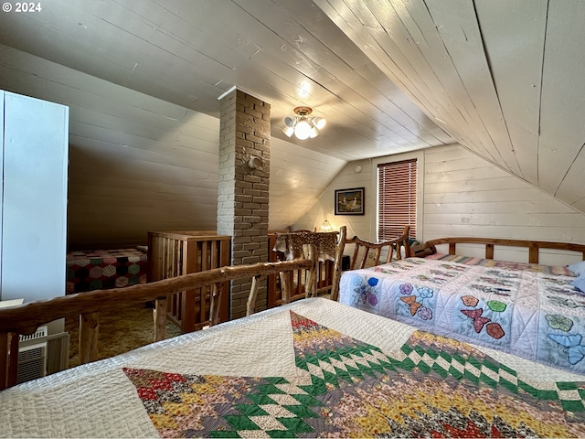 bedroom with vaulted ceiling, visible vents, wooden ceiling, and wood walls