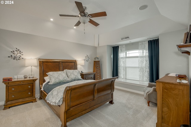 bedroom featuring ceiling fan and light colored carpet