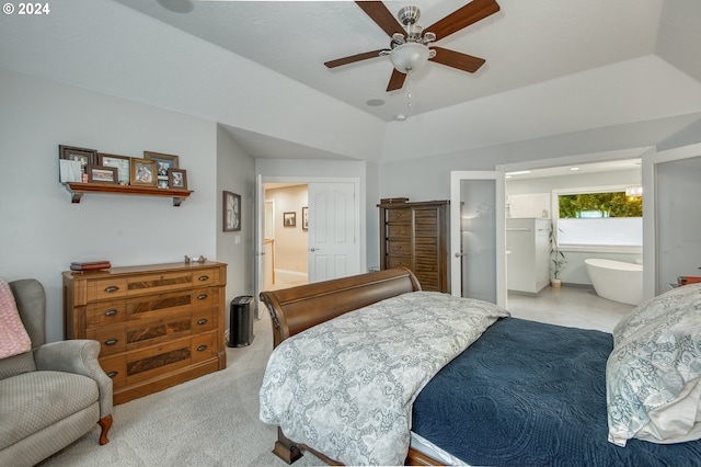 carpeted bedroom with ceiling fan and ensuite bathroom