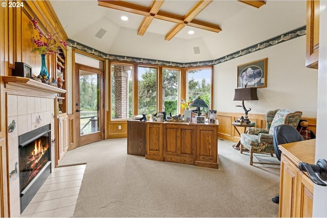 carpeted office space featuring beam ceiling, a fireplace, and coffered ceiling