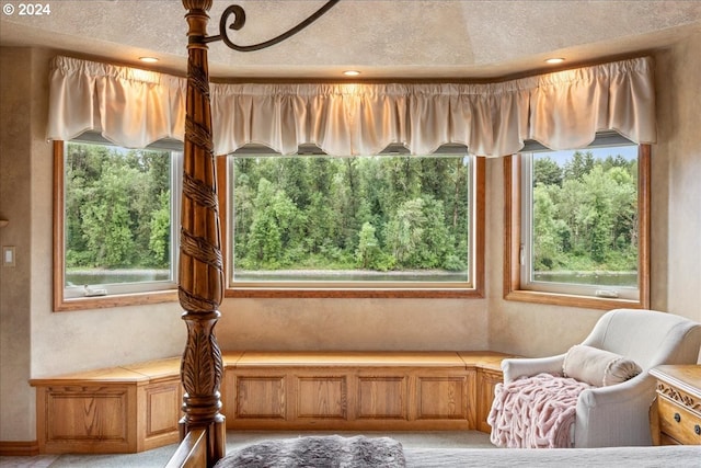 living area with a textured ceiling and light colored carpet