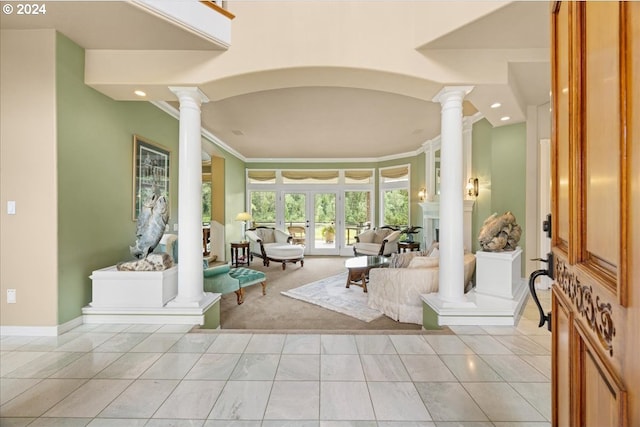 tiled entryway with decorative columns