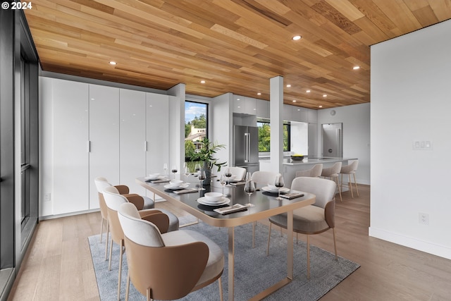 dining room featuring wooden ceiling and light wood-type flooring