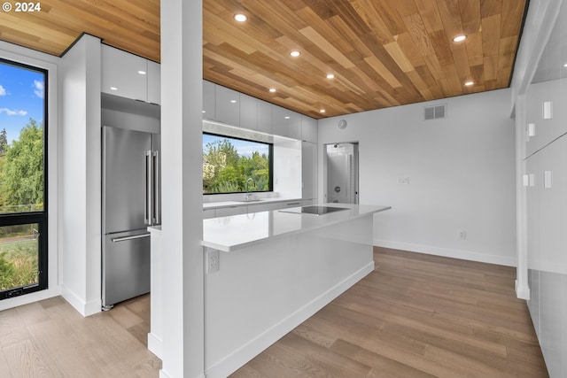 kitchen with white cabinets, stainless steel fridge, light hardwood / wood-style floors, and wood ceiling