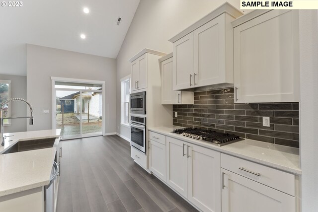 kitchen with appliances with stainless steel finishes, dark hardwood / wood-style flooring, light stone counters, sink, and lofted ceiling