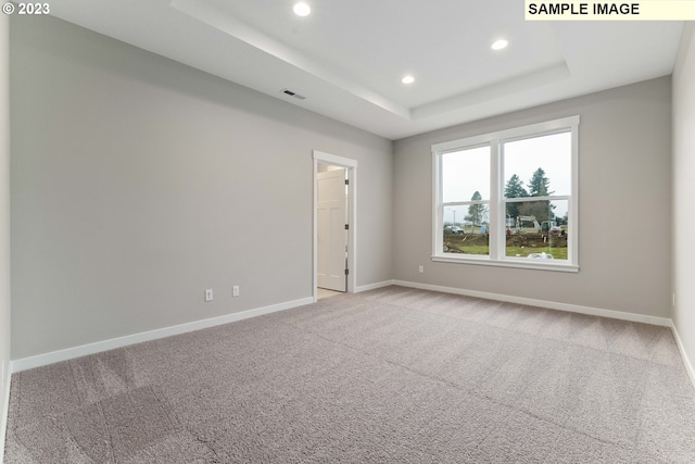 carpeted spare room featuring a tray ceiling