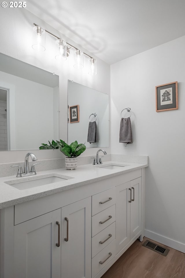 bathroom with wood-type flooring and vanity