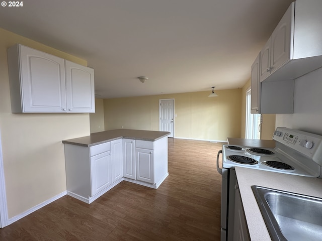 kitchen with white range with electric cooktop, dark hardwood / wood-style flooring, sink, white cabinets, and kitchen peninsula