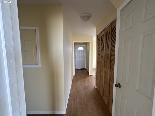 hall featuring electric panel and wood-type flooring