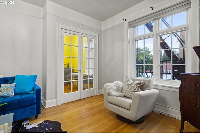 living area with french doors and light wood-type flooring