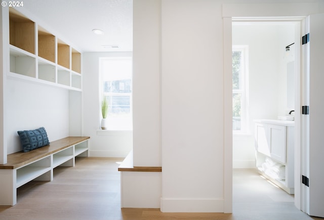 mudroom with baseboards, wood finished floors, a wealth of natural light, and recessed lighting