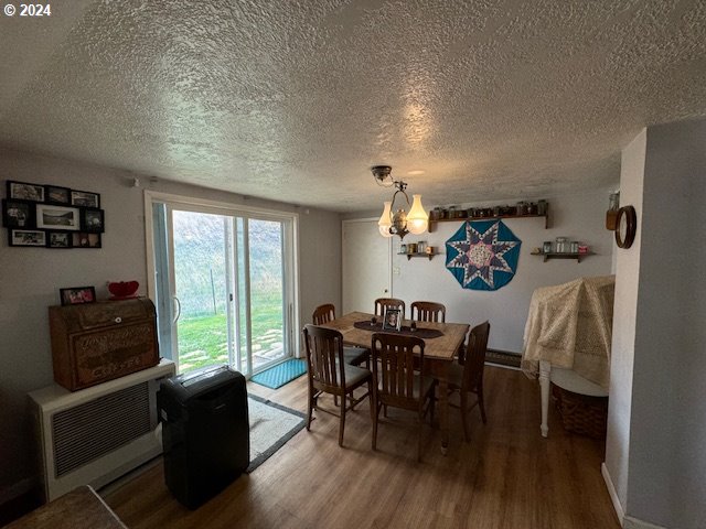 dining space featuring hardwood / wood-style flooring and a textured ceiling