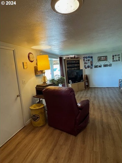 living room featuring hardwood / wood-style floors and a textured ceiling