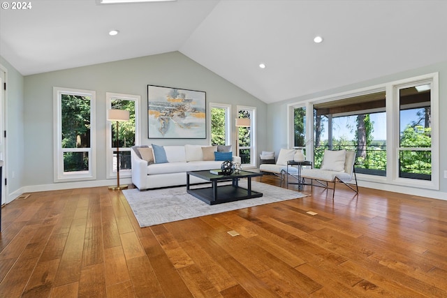 living room featuring hardwood / wood-style floors and vaulted ceiling