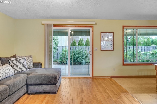 living room with a textured ceiling and light hardwood / wood-style floors