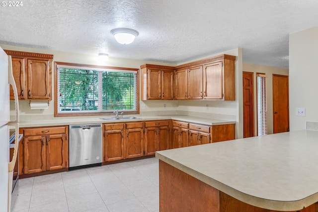 kitchen featuring kitchen peninsula, light tile patterned floors, a textured ceiling, stainless steel dishwasher, and sink