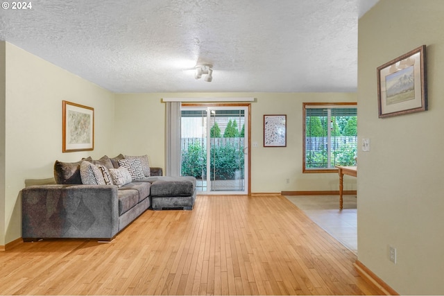 living room with a textured ceiling and light wood-type flooring