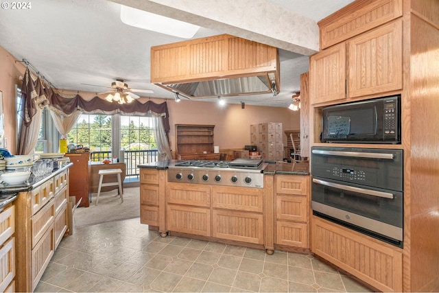 kitchen with stainless steel appliances, range hood, and ceiling fan