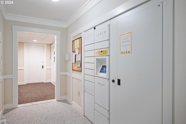 hallway featuring ornamental molding and light colored carpet