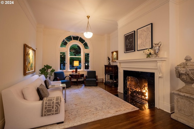 living room featuring crown molding, dark wood-type flooring, and a premium fireplace