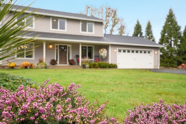 view of front of property featuring a front yard, a garage, and covered porch