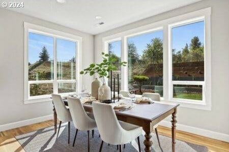 dining room featuring wood-type flooring and a healthy amount of sunlight