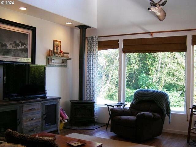 living room with dark hardwood / wood-style flooring and a wood stove