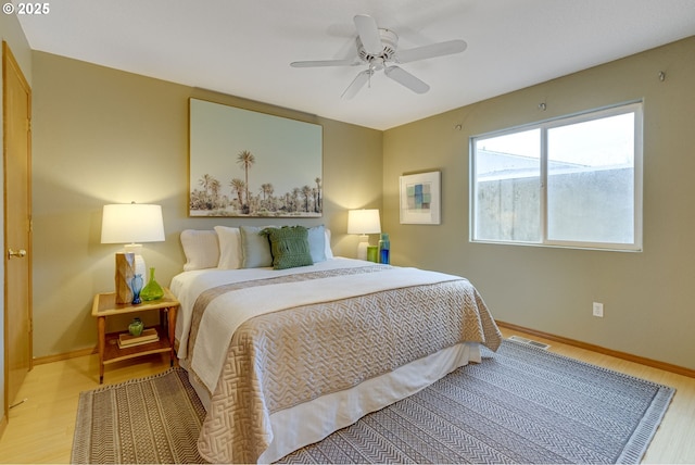 bedroom with ceiling fan and light hardwood / wood-style floors