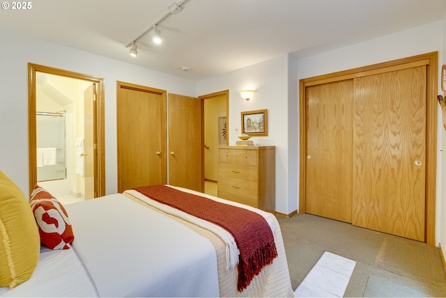 bedroom featuring rail lighting, light colored carpet, and ensuite bath