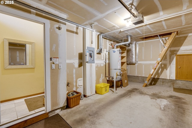 basement featuring secured water heater and electric panel