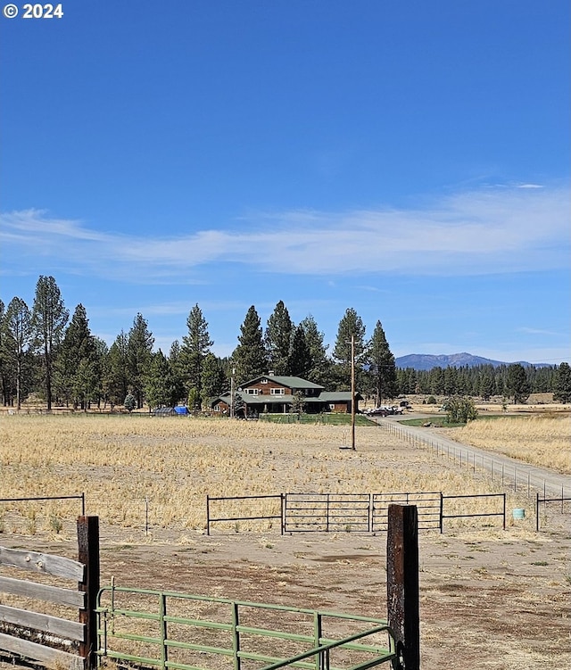 view of yard featuring a rural view, fence, and a mountain view