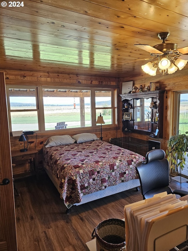 bedroom featuring ceiling fan, wooden ceiling, dark hardwood / wood-style flooring, and wooden walls