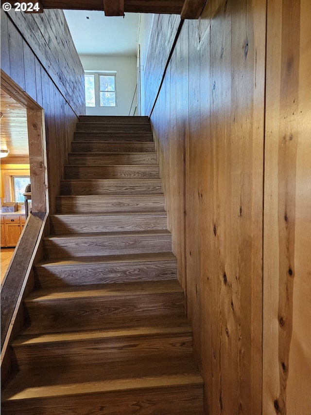 staircase with wooden walls