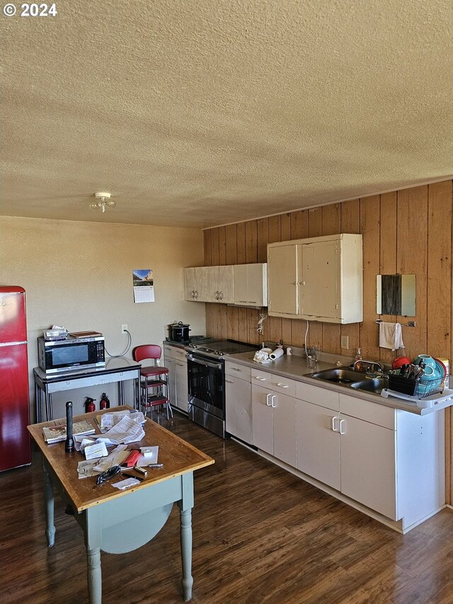 kitchen featuring appliances with stainless steel finishes, sink, a textured ceiling, dark hardwood / wood-style floors, and wood walls