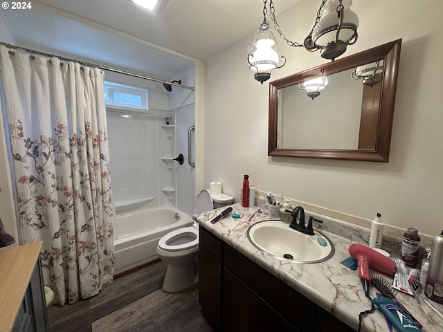 full bathroom with wood-type flooring, vanity, toilet, and shower / bath combination with curtain