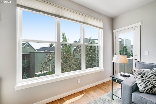 sitting room with hardwood / wood-style flooring and a wealth of natural light