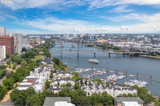 birds eye view of property with a water view