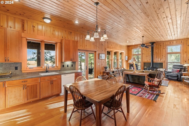 dining room featuring wood walls, a wood stove, sink, and a wealth of natural light