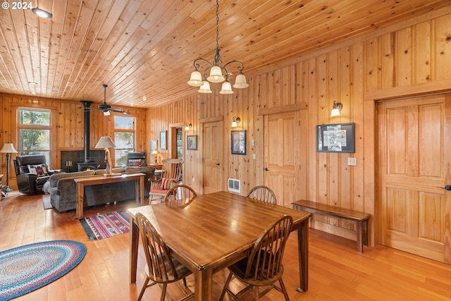 dining space featuring light wood-type flooring, wood ceiling, ceiling fan with notable chandelier, wooden walls, and a wood stove