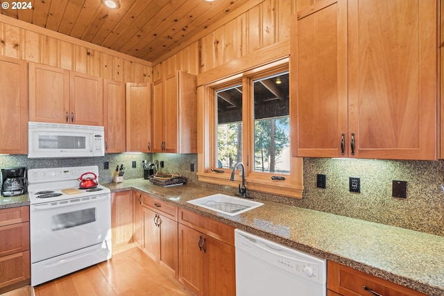 kitchen with light stone countertops, wood ceiling, white appliances, sink, and light hardwood / wood-style flooring